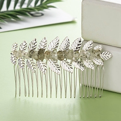 Other Quartz Leaf Natural Quartz Chips Hair Combs, with Iron Combs, Hair Accessories for Women Girls, 45x80x10mm