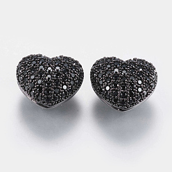 Gunmetal Brass Micro Pave Cubic Zirconia Beads, Hollow Heart, Black, Gunmetal, 11.5x14x8mm, Hole: 2mm
