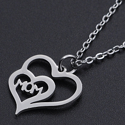 Stainless Steel Color Mother's Day Gifts, 201 Stainless Steel Pendant Necklaces, with Cable Chains and Lobster Claw Clasps, Double Heart with Word Mom, Stainless Steel Color, 15.74 inch(40cm), 1.5mm