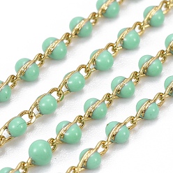 Medium Aquamarine Handmade Enamel Beaded Chains, Soldered, with Brass Chains, Real 18K Gold Plated, Long-Lasting Plated, with Spool, Medium Aquamarine, 4~5x2x2~3mm, about 32.8 Feet(10m)/roll
