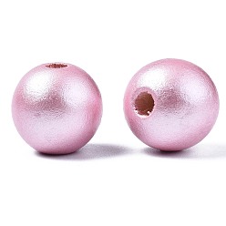 Pearl Pink Painted Natural Wood European Beads, Pearlized, Large Hole Beads, Round, Pearl Pink, 16x14.5mm, Hole: 4mm