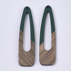 Bleu Vert Gros pendentifs en résine et bois, forme de pince à cheveux, sarcelle, 66~66.5x17x3~3.5mm, Trou: 1.5mm