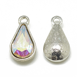 Clear AB Alloy Glass Pendants, Faceted, teardrop, Platinum, Clear AB, 18x10x5mm, Hole: 2mm