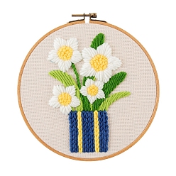 Fleur Kits de peinture de broderie de fil de bricolage de motif de fleur pour les débutants, y compris les instructions, tissu en coton imprimé, fil à broder et aiguilles, cercle à broder rond, narcisse, 3mm