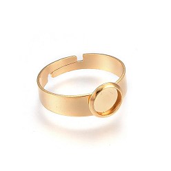 Golden Adjustable 201 Stainless Steel Finger Rings Components, Pad Ring Base Findings, Flat Round, Golden, Size 7, 17~18mm, Tray: 6mm