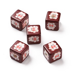 Dark Red Opaque Printed Acrylic Beads, Cube with Rabbit Pattern, Dark Red, 13.5x13.5x13.5mm, Hole: 3.8mm