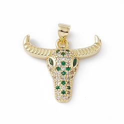 Green Brass Micro Pave Cubic Zirconia Pendants, OX Head Charm, Lead Free & Cadmium Free, Real 18K Gold Plated, Green, 20x23x4.5mm, Hole: 3.5x4mm