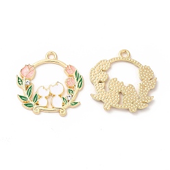 White Alloy Enamel Pendants, with Rhinestone, Cadmium Free & Nickel Free & Lead Free, Golden, Flat Round with Cat & Flower Pattern, White, 25x25x1.5mm, Hole: 2mm
