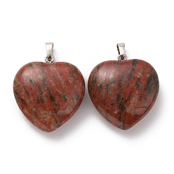 Jaspe Sésame Sésame naturel pendentifs jaspe, charmes de coeur, avec placage à crémaillère en laiton ton platine sur bélières, 32~33x30~31x12~13mm, Trou: 5x8mm