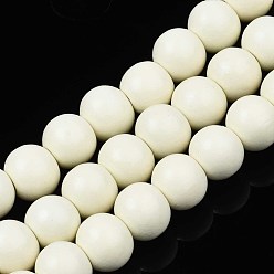 Floral White Painted Natural Wood Beads Strands, Round, Floral White, 10x8~9mm, Hole: 2~3mm, about 41~42pcs/strand, 13.98 inch~14.61 inch(35.5~37.1cm)
