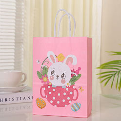 Pearl Pink Rabbit with Easter Egg Pattern Paper Bags, Gift Bags, Shopping Bags, with Handles, for Easter, Pearl Pink, 15x8x21cm