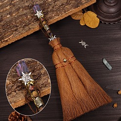 Quartz Crystal Natural Quartz Crystal Witch Altar Broom, Miniature Wicca Brush, Mane Broomstick for Magic Ceremonial, Halloween Wiccan Ritual, with Alloy Wing, 290x135mm