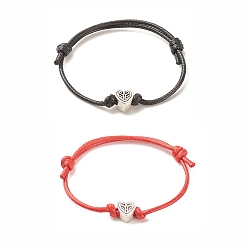 Red 2Pcs 2 Colors Alloy Heart Beaded Cord Bracelets Set, Adjustable Bracelets for Women, Red & Black, Inner Diameter: 1-5/8~3-1/4 inch(4.2~8.2cm), 1Pc/color