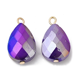 Dark Violet Imitation Jade Glass Pendants, with Golden Brass Loops, Faceted, Teardrop Charms, Dark Violet, 22~23x13x7.5~9mm, Hole: 1.5~2mm