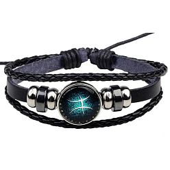 Pisces Constellation Glass Link Multi-strand Bracelet, PU Leather Braided Triple Layer Gothic Bracelet for Men Women, Pisces, 7-1/8~9-7/8 inch(18~25cm)