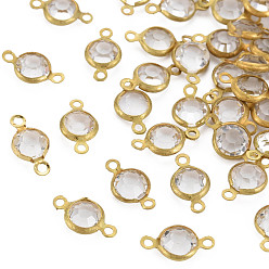Clear Brass Glass Links/Connectors, Faceted Flat Round, Raw(Unplated), Clear, 13x6~7x3mm, Hole: 2mm