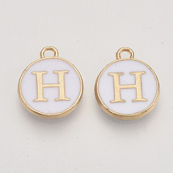 Letter H Golden Plated Enamel Alloy Charms, Enamelled Sequins, Flat Round, White, Letter.H, 14x12x2mm, Hole: 1.5mm, 100pcs/Box