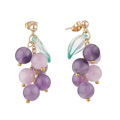 Amethyst Grape and Leaf Dangle Stud Earrings, Natural Amethyst & Kunzite Beads Cluster Earrings, Drop Earrings for Women, Golden, 38mm, Pin: 0.7mm
