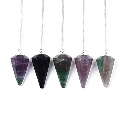 Fluorite Natural Fluorite Hexagonal Pointed Dowsing Pendulums, with Copper Clad Iron Cross Chains, Cone/Spike, Platinum, 255~260mm, Hole: 2mm