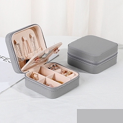 Dark Gray Sqaure PU Leather Jewelry Box, with Mirror, Travel Portable Jewelry Case, Zipper Storage Boxes, for Necklaces, Rings, Earrings and Pendants, Dark Gray, 10x10x5cm