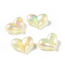 Jaune Placage uv perles acryliques irisées arc-en-ciel, avec de la poudre de paillettes, cœur, jaune, 16.5x22.5x9mm, Trou: 1.6mm
