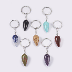 Mixed Material Natural & Synthetic Mixed Stone Keychain, with Iron Key Rings, Platinum, teardrop, 80.5mm, Pendant: 33.5x15.5mm