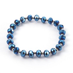 Blue Plated Electroplate Glass Stretch Bracelets, with Brass Spacer Beads, Round, Blue Plated, 2-1/8 inch(5.3cm)