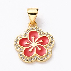 Red Brass Micro Pave Cubic Zirconia Pendants, Real 18K Gold Plated, Long-Lasting Plated, Flower, Red, 16x13.5x1.5mm, Hole: 5x3mm