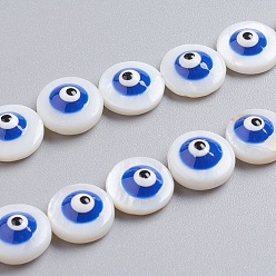 Bleu Royal Chapelets de perles de coquillage naturel, avec l'émail, rond et plat avec des mauvais œil, bleu royal, 10x4mm, Trou: 0.6mm, Environ 39 pcs/chapelet, 15.75 pouce (40 cm)