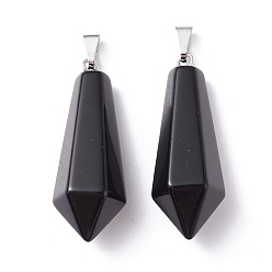 Obsidienne Pendentifs pointus en obsidienne noire naturelle, avec boucles en laiton plaqué platine, balle, 35.3~38x13~14mm, Trou: 6.5x2.8mm