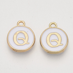 Letter Q Golden Plated Enamel Alloy Charms, Enamelled Sequins, Flat Round, White, Letter.Q, 14x12x2mm, Hole: 1.5mm, 100pcs/Box