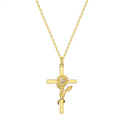 Golden SHEGRACE Brass Pendant Necklaces, with Grade AAA Cubic Zirconia, Cross with Sunflower, Clear, Golden, 17.32inch(44cm)