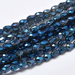 Marine Blue Faceted Teardrop Full Rainbow Plated Glass Bead Strands, Marine Blue, 5x3mm, Hole: 1mm, about 100pcs/strand, 17.7 inch~19.6 inch