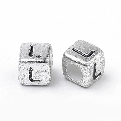 Letter L Plated Acrylic Beads, Horizontal Hole, Cube with Letter, Antique Silver, Letter.L, 6mm, Hole: 3mm, about 3000pcs/500g