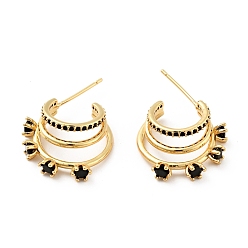 Black Cubic Zirconia C-Shaped Stud Earrings, Real 18K Gold Plated Brass Chunky Half Hoop Earrings for Women, Cadmium Free & Nickel Free & Lead Free, Black, 19x18x6mm, Pin: 0.8mm