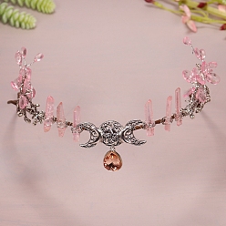 Pink Triple Moon Metal Hair Bands, Natural Quartz Wrapped Hair Hoop for Bridal Crown Hair Accessories, Pink, 450mm