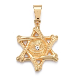 Golden 304 Stainless Steel Pendants, with Crystal Rhinestone, Star of David with Evil Eye, Golden, 42x32.5x4mm, Hole: 6x11.5mm
