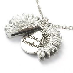 Antique Silver Openable Alloy Pendant Necklaces, with Cable Chains, Sunflower with Word You Are My Sunshine, Antique Silver, 20.08 inch(51cm)