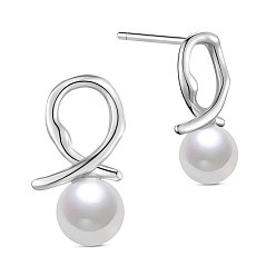 Platinum SHEGRACE Rhodium Plated 925 Sterling Silver Stud Earrings, with Shell Pearl, Platinum, 13.7x8mm