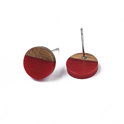 Rouge Foncé Clous d'oreilles en résine opaque et bois de noyer, avec 316 broches en acier inoxydable, plat rond, rouge foncé, 10mm, pin: 0.7 mm