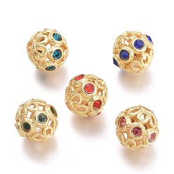 Mixed Color Brass Micro Pave Cubic Zirconia Beads, Hollow, Round, Real 18K Gold Plated, Mixed Color, 9x8.7mm, Hole: 1.8mm