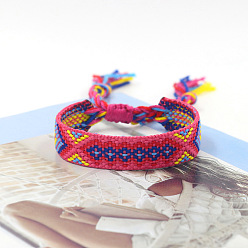 Deep Pink Polyester Braided Rhombus Pattern Cord Bracelet, Ethnic Tribal Adjustable Brazilian Bracelet for Women, Deep Pink, 5-7/8 inch(15cm)