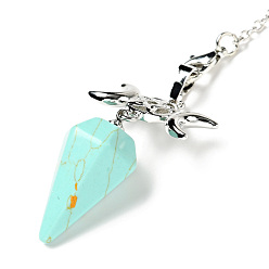 Synthetic Turquoise Gemstone Hexagonal Pointed Dowsing Pendulums, with Platinum Tone Brass Findings and Chains, Cadmium Free & Lead Free, Cone with Triple Moon, 230~250mm, pendant: 50~54x26x15~16.5mm, Hole: 1.8x2.2mm