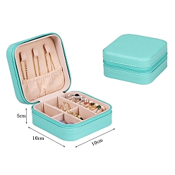 Turquoise PU Leather Jewelry Zipper Boxes, with Velvet Inside, for Rings, Necklaces, Earrings, Rings Storage, Square, Turquoise, 100x100x50mm