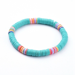 Medium Turquoise Handmade Polymer Clay Heishi Beads Stretch Bracelets, Medium Turquoise, 2-1/8 inch(5.3cm)