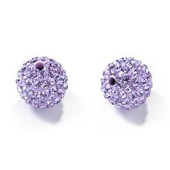 Violet Perles de strass d'argile polymère , perles de boule pave disco , Grade a, ronde, la moitié foré, violette, 10mm, Trou: 1mm