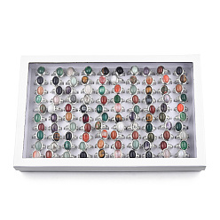 Pierre Mélangete Bagues ovales en pierres précieuses mélangées naturelles, bijoux en alliage plaqué platine pour femmes, diamètre intérieur: 17.5~20.1 mm