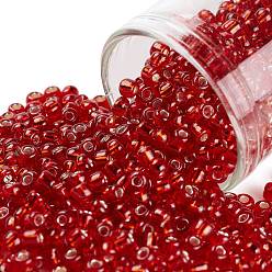 Red 8/0 Transparent Glass Round Seed Beads, Grade A, Silver Lined, Red, 2.8~3.2mm, Hole: 1.0mm, about 15000pcs/pound