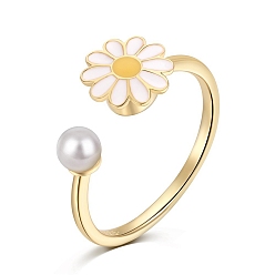 Real 18K Gold Plated 925 Sterling Silver Open Finger Rings, with Enamel & 925 Stamp for Women, Daisy Flower Anxiety Worry Fidget Spinner Ring, Real 18K Gold Plated, 1.6mm, US Size 7(17.3mm)