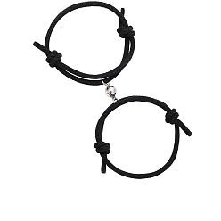 Ronde 2 Ensemble de bracelets à breloques assortis en alliage magnétique, bracelets de couple réglables pour la Saint-Valentin, noir, ronde, 11-3/4 pouce (30 cm)